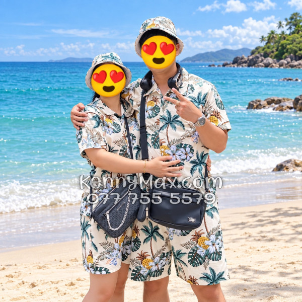 Bộ Áo Sơ Mi Quần Short Hawaiian Thơm Dứa Cây Dừa Hoa Sứ Màu Kem Nhạt Nam Nữ Đi Biển