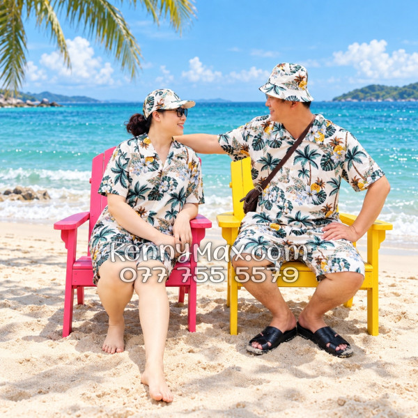 Bộ Áo Sơ Mi Quần Short Hawaiian Thơm Dứa Cây Dừa Hoa Sứ Màu Kem Nhạt Nam Nữ Đi Biển