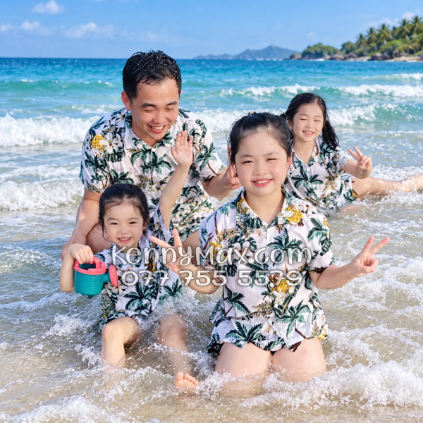 Bộ Áo Sơ Mi Quần Short Hawaiian Thơm Dứa Cây Dừa Hoa Sứ Màu Kem Nhạt Nam Nữ Đi Biển