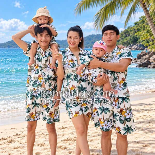 Bộ Áo Sơ Mi Quần Short Hawaiian Thơm Dứa Cây Dừa Hoa Sứ Màu Kem Nhạt Nam Nữ Đi Biển
