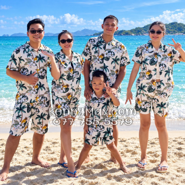 Bộ Áo Sơ Mi Quần Short Hawaiian Thơm Dứa Cây Dừa Hoa Sứ Màu Kem Nhạt Nam Nữ Đi Biển