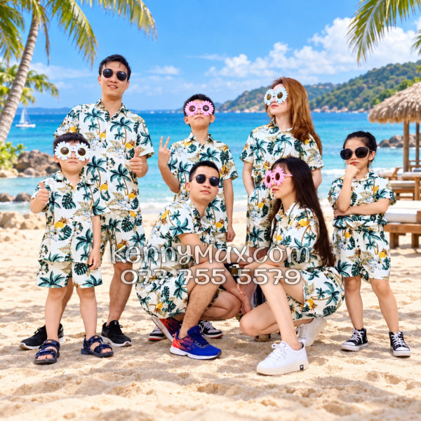 Bộ Áo Sơ Mi Quần Short Hawaiian Thơm Dứa Cây Dừa Hoa Sứ Màu Kem Nhạt Nam Nữ Đi Biển