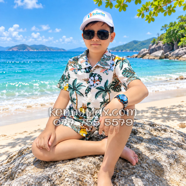 Bộ Áo Sơ Mi Quần Short Hawaiian Thơm Dứa Cây Dừa Hoa Sứ Màu Kem Nhạt Nam Nữ Đi Biển