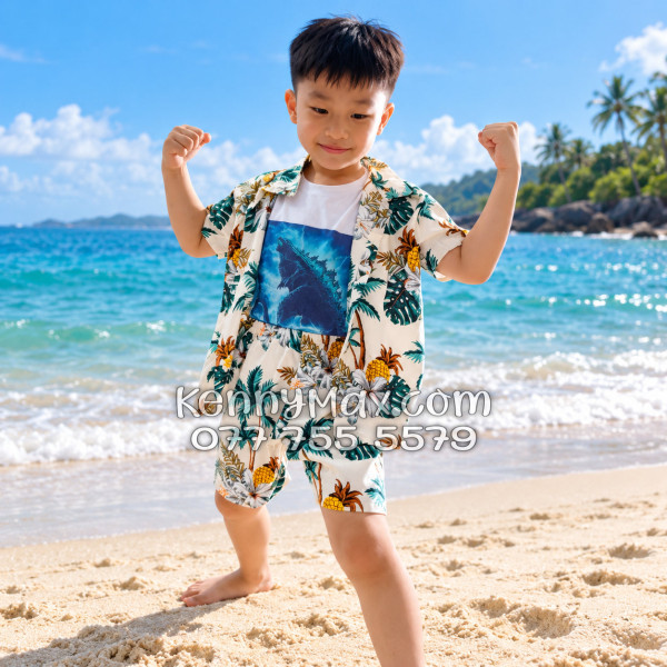 Bộ Áo Sơ Mi Quần Short Hawaiian Thơm Dứa Cây Dừa Hoa Sứ Màu Kem Nhạt Nam Nữ Đi Biển