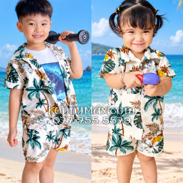 Bộ Áo Sơ Mi Quần Short Hawaiian Thơm Dứa Cây Dừa Hoa Sứ Màu Kem Nhạt Nam Nữ Đi Biển