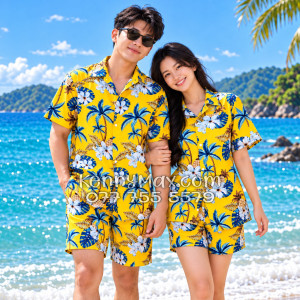 Bộ Áo Sơ Mi Quần Short Đi Biển Họa Tiết Thơm Dứa Cây Dừa Hoa Sứ Vàng Nam Nữ