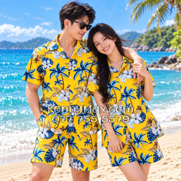 Bộ Áo Sơ Mi Quần Short Đi Biển Họa Tiết Thơm Dứa Cây Dừa Hoa Sứ Vàng Nam Nữ
