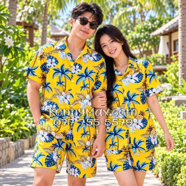 Bộ Áo Sơ Mi Quần Short Đi Biển Họa Tiết Thơm Dứa Cây Dừa Hoa Sứ Vàng Nam Nữ