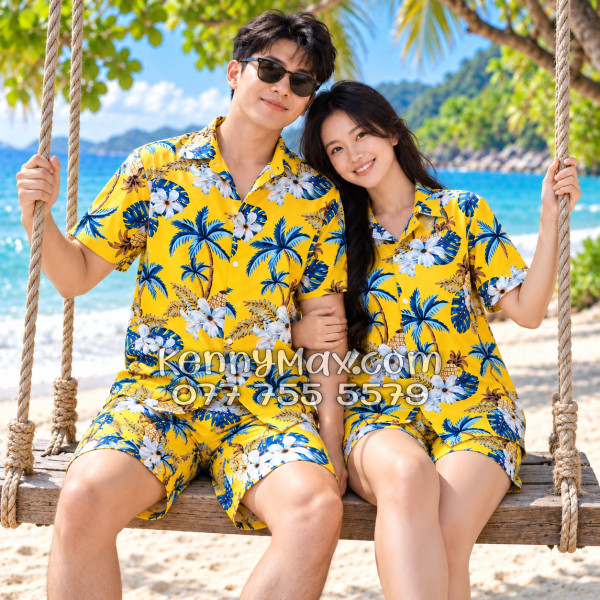 Bộ Áo Sơ Mi Quần Short Đi Biển Họa Tiết Thơm Dứa Cây Dừa Hoa Sứ Vàng Nam Nữ