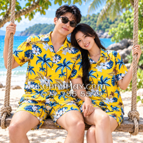 Bộ Áo Sơ Mi Quần Short Đi Biển Họa Tiết Thơm Dứa Cây Dừa Hoa Sứ Vàng Nam Nữ
