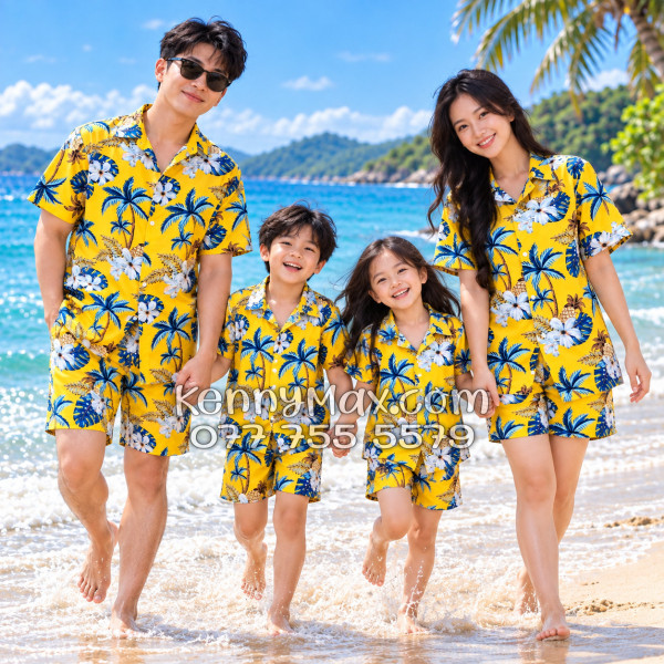 Bộ Áo Sơ Mi Quần Short Đi Biển Họa Tiết Thơm Dứa Cây Dừa Hoa Sứ Vàng Nam Nữ