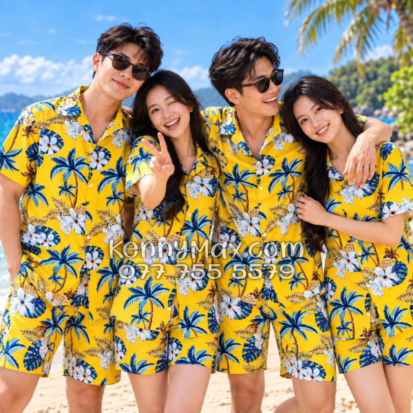 Bộ Áo Sơ Mi Quần Short Đi Biển Họa Tiết Thơm Dứa Cây Dừa Hoa Sứ Vàng Nam Nữ