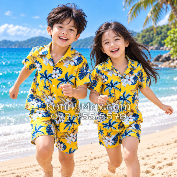 Bộ Áo Sơ Mi Quần Short Đi Biển Họa Tiết Thơm Dứa Cây Dừa Hoa Sứ Vàng Nam Nữ
