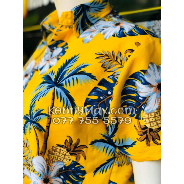 Bộ Áo Sơ Mi Quần Short Đi Biển Họa Tiết Thơm Dứa Cây Dừa Hoa Sứ Vàng Nam Nữ