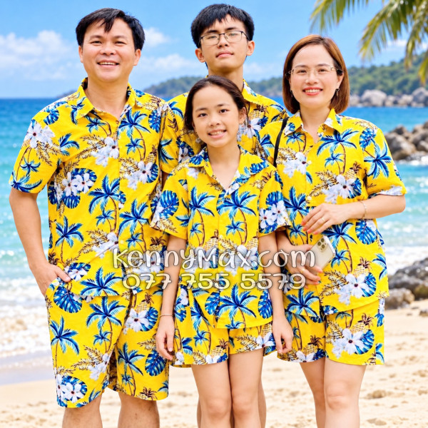 Bộ Áo Sơ Mi Quần Short Đi Biển Họa Tiết Thơm Dứa Cây Dừa Hoa Sứ Vàng Nam Nữ