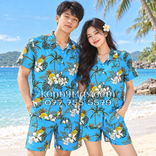 Bộ Áo Sơ Mi Quần Short Hawaiian Thơm Dứa Cây Dừa Hoa Sứ Xanh Nam Nữ Đi Biển