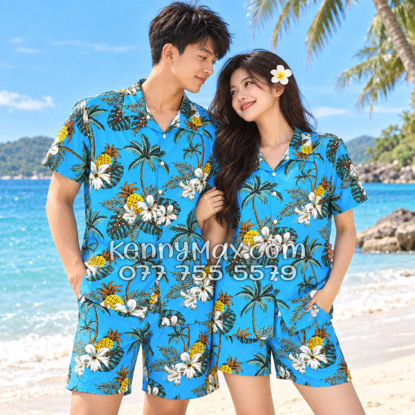 Bộ Áo Sơ Mi Quần Short Hawaiian Thơm Dứa Cây Dừa Hoa Sứ Xanh Nam Nữ Đi Biển