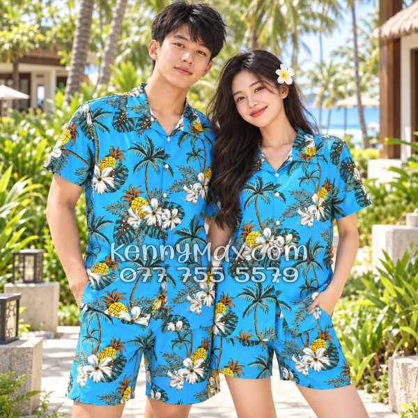 Bộ Áo Sơ Mi Quần Short Hawaiian Thơm Dứa Cây Dừa Hoa Sứ Xanh Nam Nữ Đi Biển