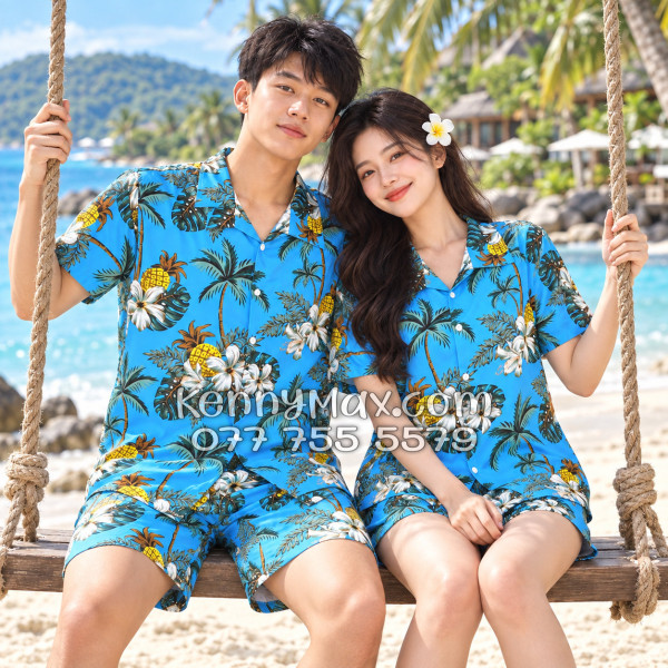 Bộ Áo Sơ Mi Quần Short Hawaiian Thơm Dứa Cây Dừa Hoa Sứ Xanh Nam Nữ Đi Biển