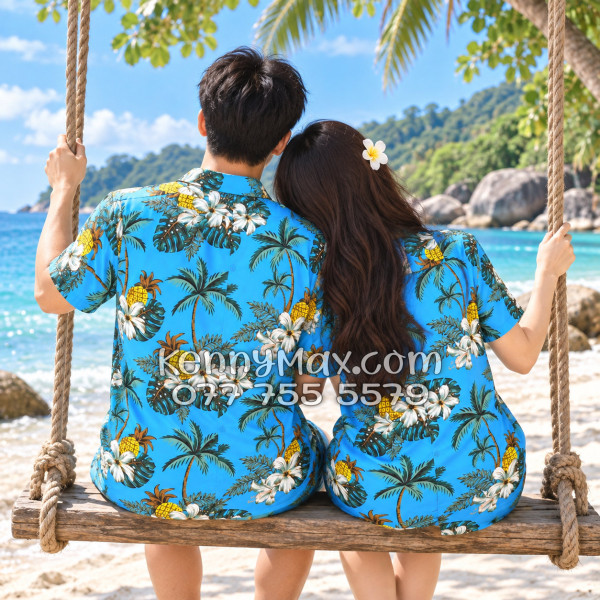 Bộ Áo Sơ Mi Quần Short Hawaiian Thơm Dứa Cây Dừa Hoa Sứ Xanh Nam Nữ Đi Biển
