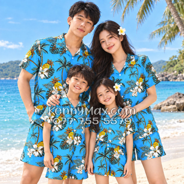 Bộ Áo Sơ Mi Quần Short Hawaiian Thơm Dứa Cây Dừa Hoa Sứ Xanh Nam Nữ Đi Biển