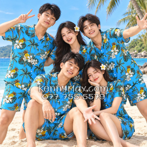 Bộ Áo Sơ Mi Quần Short Hawaiian Thơm Dứa Cây Dừa Hoa Sứ Xanh Nam Nữ Đi Biển