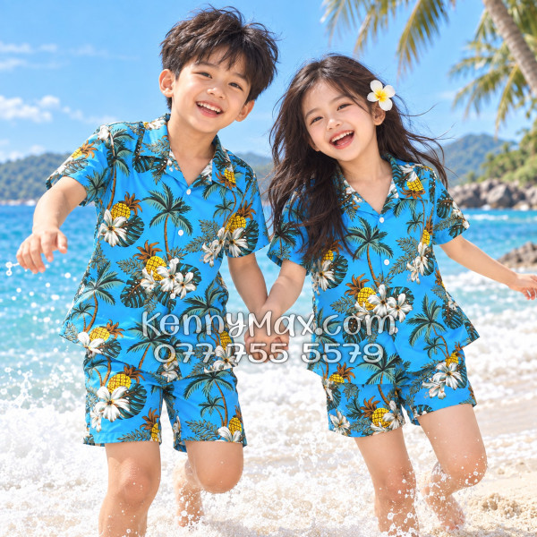 Bộ Áo Sơ Mi Quần Short Hawaiian Thơm Dứa Cây Dừa Hoa Sứ Xanh Nam Nữ Đi Biển