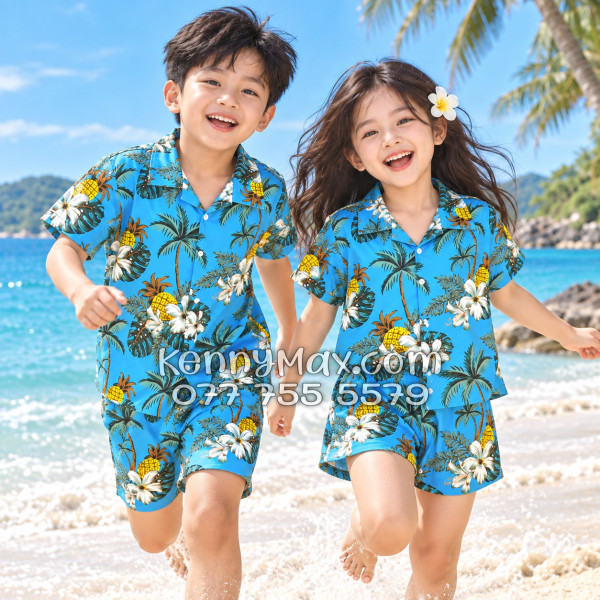 Bộ Áo Sơ Mi Quần Short Hawaiian Thơm Dứa Cây Dừa Hoa Sứ Xanh Nam Nữ Đi Biển