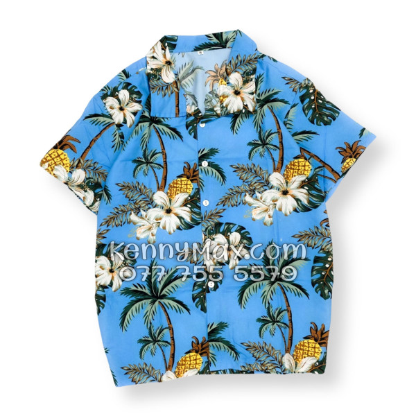 Bộ Áo Sơ Mi Quần Short Hawaiian Thơm Dứa Cây Dừa Hoa Sứ Xanh Nam Nữ Đi Biển