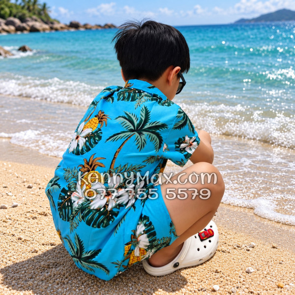 Bộ Áo Sơ Mi Quần Short Hawaiian Thơm Dứa Cây Dừa Hoa Sứ Xanh Nam Nữ Đi Biển