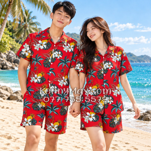 Bộ Áo Sơ Mi Quần Short Hawaiian Thơm Dứa Cây Dừa Hoa Sứ Đỏ Nam Nữ Đi Biển