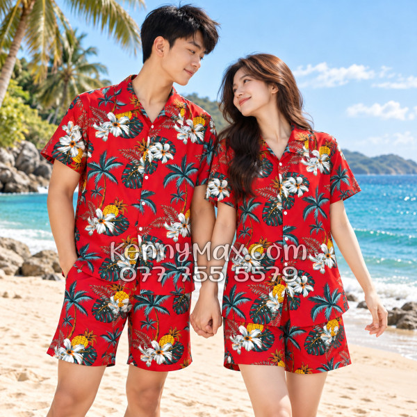 Bộ Áo Sơ Mi Quần Short Hawaiian Thơm Dứa Cây Dừa Hoa Sứ Đỏ Nam Nữ Đi Biển