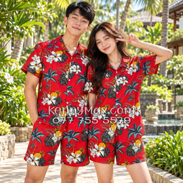 Bộ Áo Sơ Mi Quần Short Hawaiian Thơm Dứa Cây Dừa Hoa Sứ Đỏ Nam Nữ Đi Biển