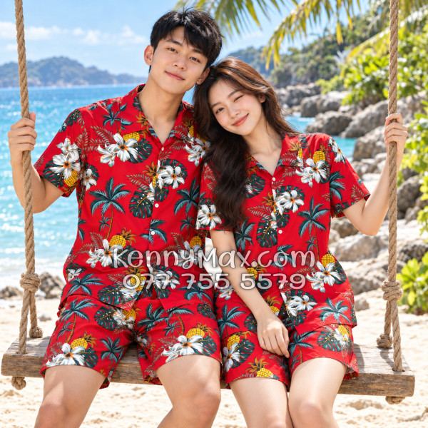 Bộ Áo Sơ Mi Quần Short Hawaiian Thơm Dứa Cây Dừa Hoa Sứ Đỏ Nam Nữ Đi Biển