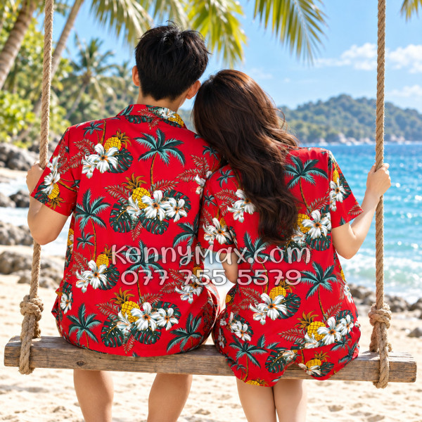 Bộ Áo Sơ Mi Quần Short Hawaiian Thơm Dứa Cây Dừa Hoa Sứ Đỏ Nam Nữ Đi Biển