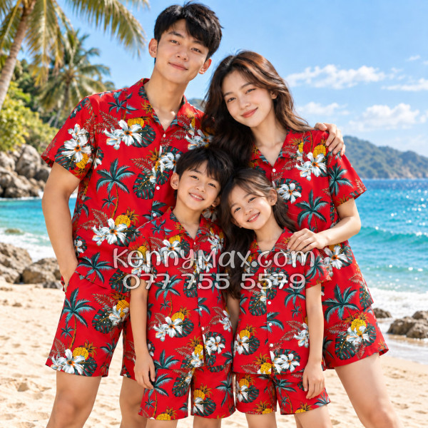 Bộ Áo Sơ Mi Quần Short Hawaiian Thơm Dứa Cây Dừa Hoa Sứ Đỏ Nam Nữ Đi Biển