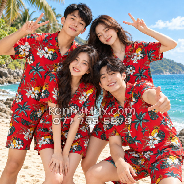 Bộ Áo Sơ Mi Quần Short Hawaiian Thơm Dứa Cây Dừa Hoa Sứ Đỏ Nam Nữ Đi Biển