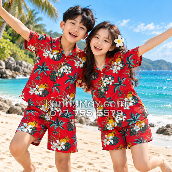 Bộ Áo Sơ Mi Quần Short Hawaiian Thơm Dứa Cây Dừa Hoa Sứ Đỏ Nam Nữ Đi Biển