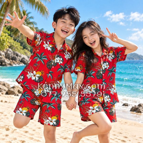 Bộ Áo Sơ Mi Quần Short Hawaiian Thơm Dứa Cây Dừa Hoa Sứ Đỏ Nam Nữ Đi Biển