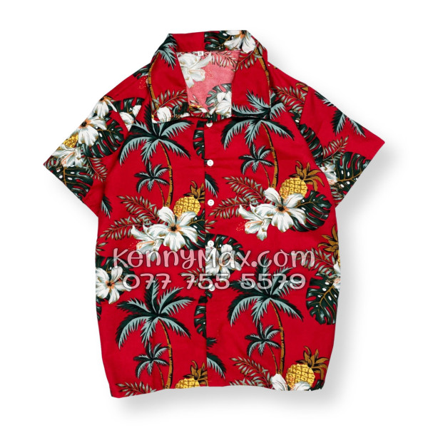 Bộ Áo Sơ Mi Quần Short Hawaiian Thơm Dứa Cây Dừa Hoa Sứ Đỏ Nam Nữ Đi Biển