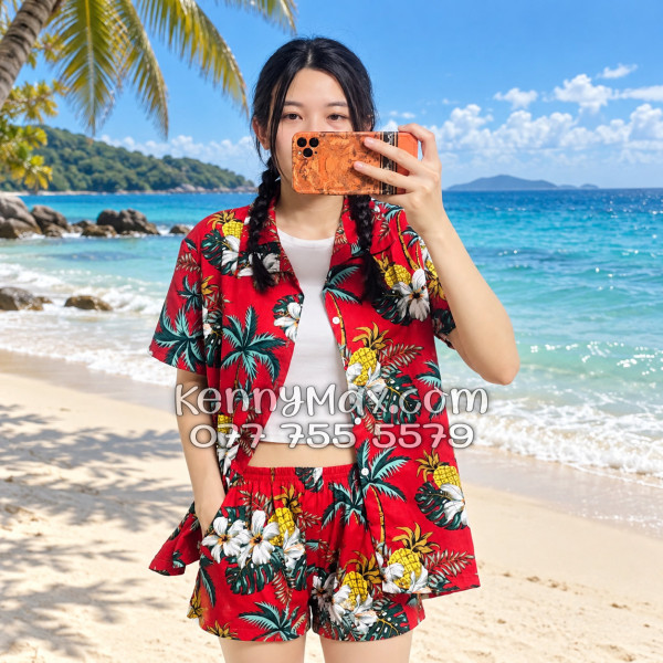 Bộ Áo Sơ Mi Quần Short Hawaiian Thơm Dứa Cây Dừa Hoa Sứ Đỏ Nam Nữ Đi Biển