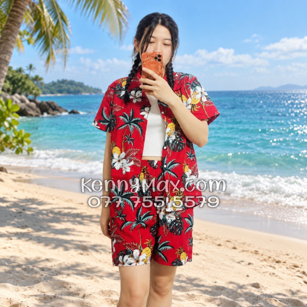 Bộ Áo Sơ Mi Quần Short Hawaiian Thơm Dứa Cây Dừa Hoa Sứ Đỏ Nam Nữ Đi Biển
