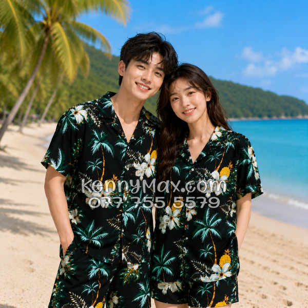 Bộ Áo Sơ Mi Quần Short Hawaiian Thơm Dứa Cây Dừa Hoa Sứ Đen Nam Nữ Đi Biển