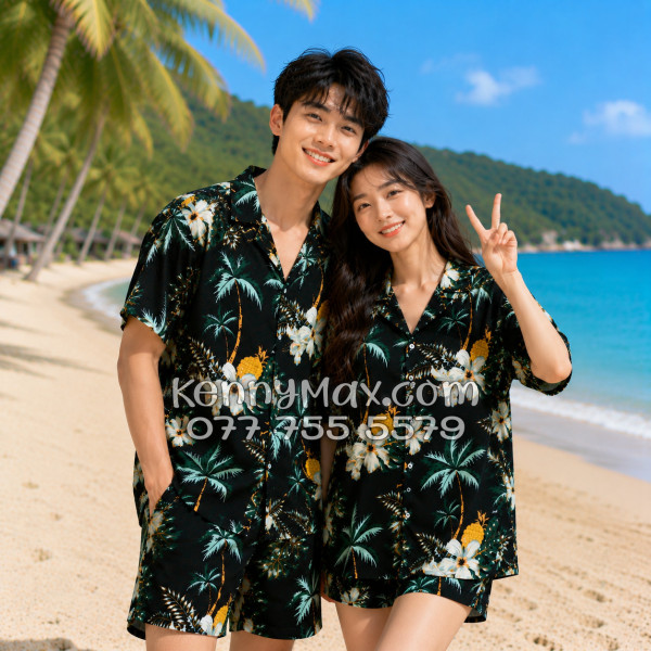 Bộ Áo Sơ Mi Quần Short Hawaiian Thơm Dứa Cây Dừa Hoa Sứ Đen Nam Nữ Đi Biển