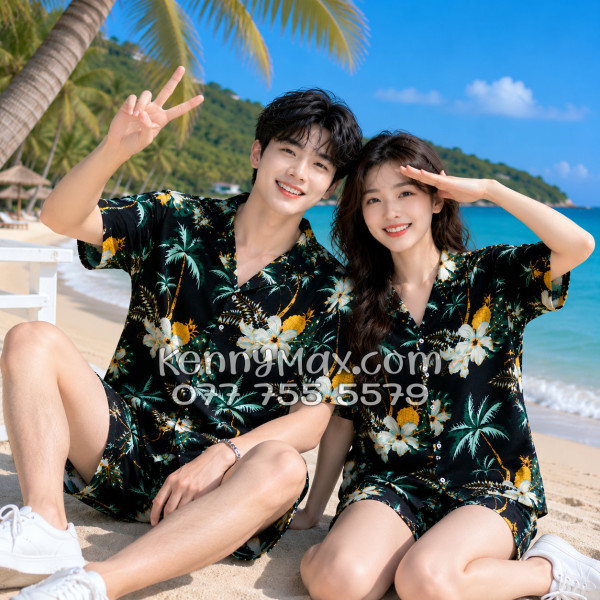 Bộ Áo Sơ Mi Quần Short Hawaiian Thơm Dứa Cây Dừa Hoa Sứ Đen Nam Nữ Đi Biển