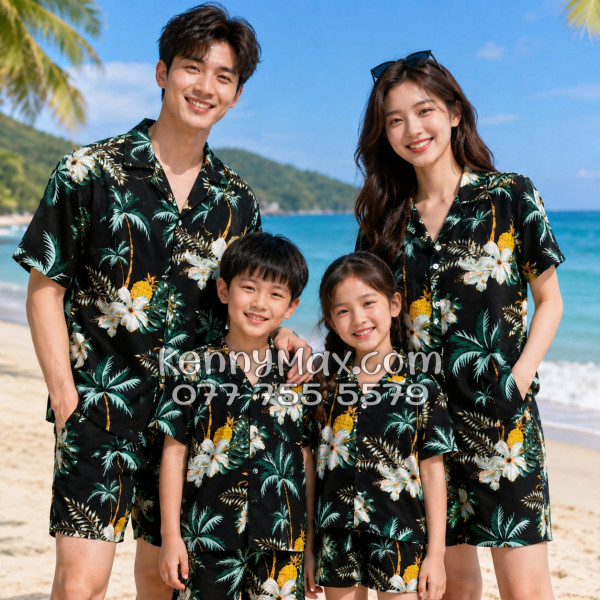 Bộ Áo Sơ Mi Quần Short Hawaiian Thơm Dứa Cây Dừa Hoa Sứ Đen Nam Nữ Đi Biển