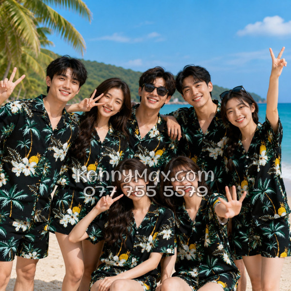 Bộ Áo Sơ Mi Quần Short Hawaiian Thơm Dứa Cây Dừa Hoa Sứ Đen Nam Nữ Đi Biển