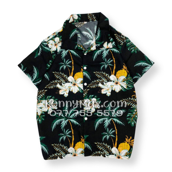 Bộ Áo Sơ Mi Quần Short Hawaiian Thơm Dứa Cây Dừa Hoa Sứ Đen Nam Nữ Đi Biển