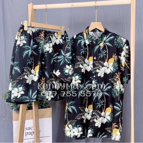 Bộ Áo Sơ Mi Quần Short Hawaiian Thơm Dứa Cây Dừa Hoa Sứ Đen Nam Nữ Đi Biển