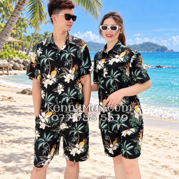 Bộ Áo Sơ Mi Quần Short Hawaiian Thơm Dứa Cây Dừa Hoa Sứ Đen Nam Nữ Đi Biển